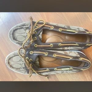 Coach Women’s Richelle Topsider Canvas Leather Boat Shoes 7M Khaki Chestnut Box